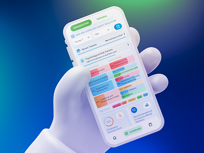 Employee Mental Care for Organizations - Omaisha 3d art direction b2b clean dashboard design design lead interaction design mental care mental health mobile app design modern neumorphic product design survey trauma ui ui design ux work risk