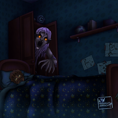 El monstruo del ropero cartoon digital fantasia fobias horror ilustracion miedo monstruo niño oscuro ropero tetrico
