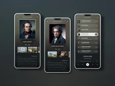 Classical Music Mobile App. app app design classical classical music composers concept design interface mobile mobile ui music player phone player playlist songs streaming ui ui design