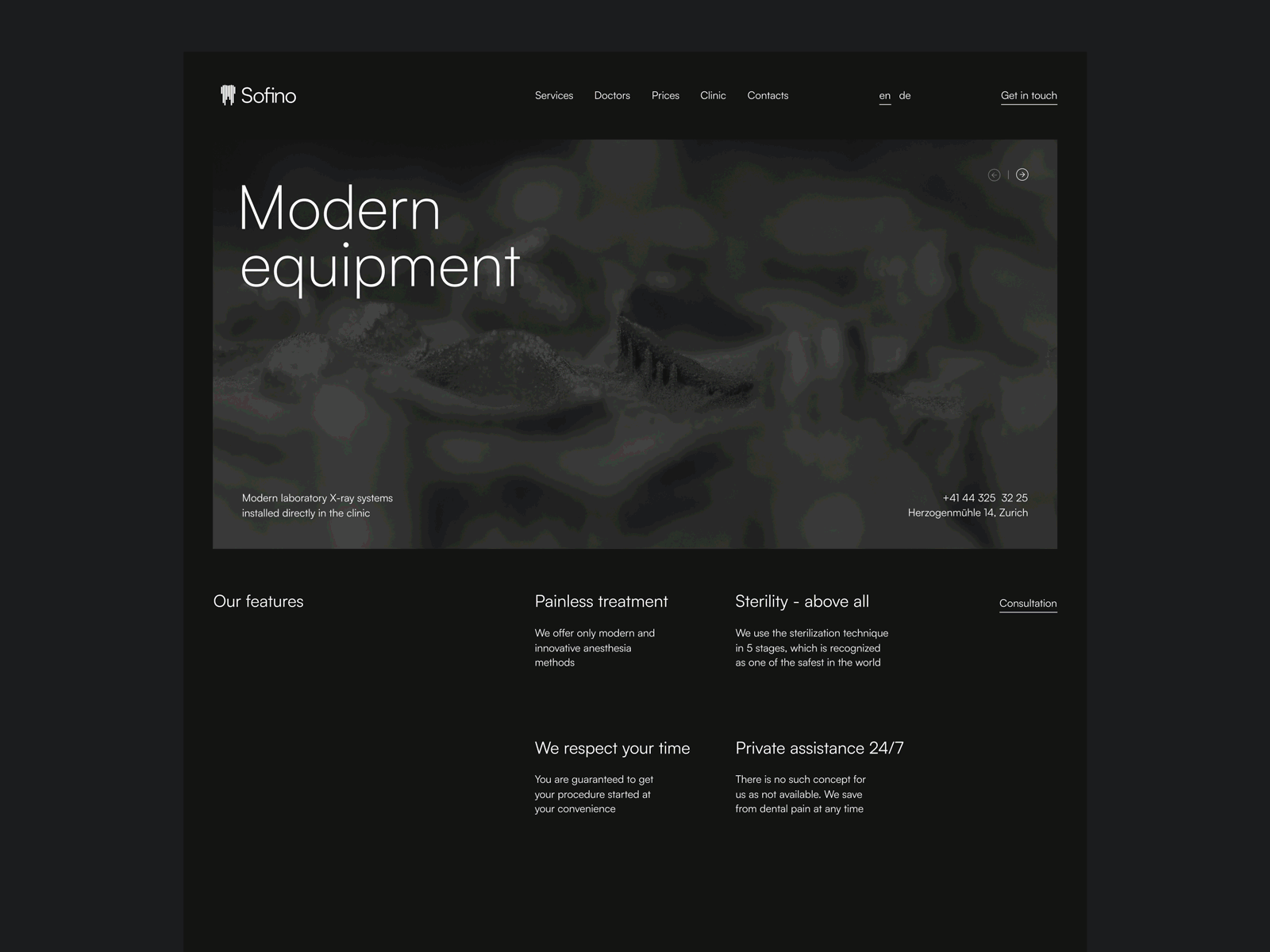 Sofino / Website for dental clinic in Zurich black black ui clean clean design clean ui dark dark theme dark ui dental dental clinic design minimal modern monochrome typo typography ui ui design web web design