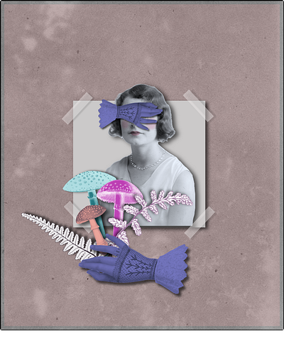 Guessing Game antique botanical closed eyes collage girl glove hand mushroom mystery retro vintage woman