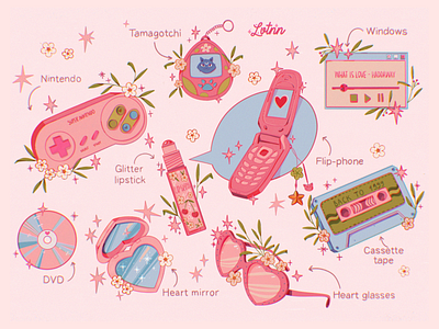 Old stuff 00s aesthetic art branding design games girl graphic design illustration leaves lipstick logo nintendo nostalgia pink portrait style tamagotchi ui y2k