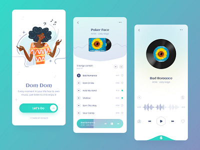 Dom Dom - Fancy Music Player app app design fancy fancy music player fancy player figma design green light design lisght mobile design music music app music player music player app on boarding onboarding online music player player splash screen ui