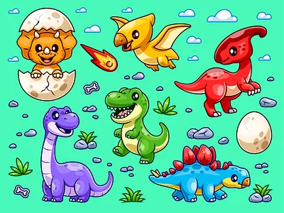 Dinosaur Collection🦕🦖🪺 animal brachiosaurus branding cartoon character cute dinosaur doodle egg fantasy flat icon illustration jurassic kids logo reptile triceratops tyrannosaurus rex