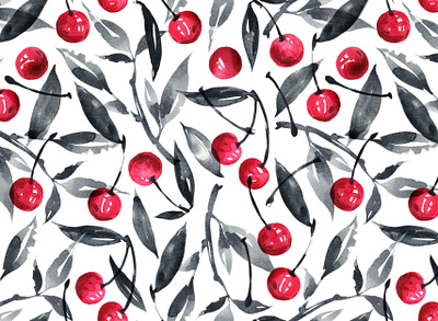 seamless watercolor pattern with cherries berry design drawing hand drawn illustration leaves pattern seamless watercolor
