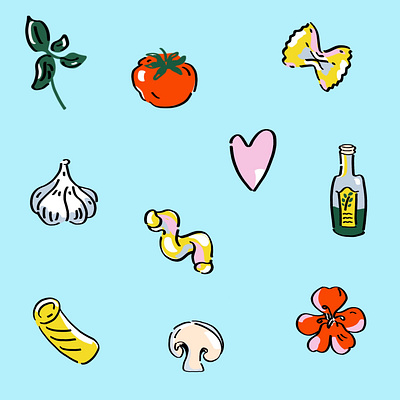 Food Icon Illustrations branding food icons food label icon illustration illustration ingredients packaging pasta stickers tomato