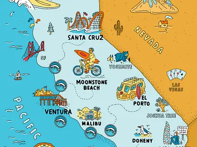 California Map Illustration beaches california editorial illustration map art map design map illustration ocean surfer surfing waves
