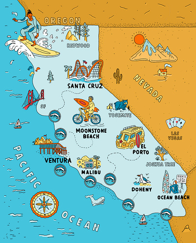 California Map Illustration beaches california editorial illustration map art map design map illustration ocean surfer surfing waves