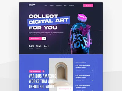 NFT MARKETPLACE LANDING PAGE auction nft bid nft buy nft crypto landing page design digital art digital art landing page figma landing page marketplace marketplace landing page nft nft landing page nft marketplace nft website ui design uiux web design