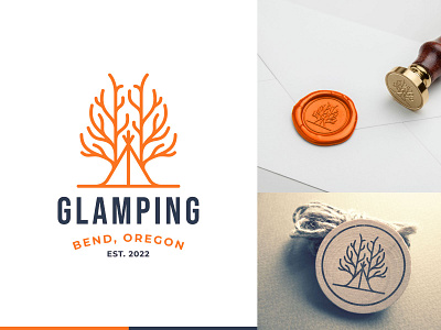Glamping branding camping camping logo glamping glamping logo identity illustration juniper tree logo mark modern logo tent tent logo tree vintage