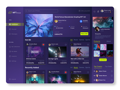 NFTsHouse - NFT Dashboard app blockchain branding crypto crypto curency dashboard design figma illustration logo nft nft art nft image nft website non foungible tocken ui uiux design ux vector web design