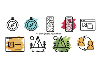 The Dryftwell Project - 2020 - Web icons cities clock compass communicate cool design dryftwell fun hand drawn icons illustration men people states texture travel women young