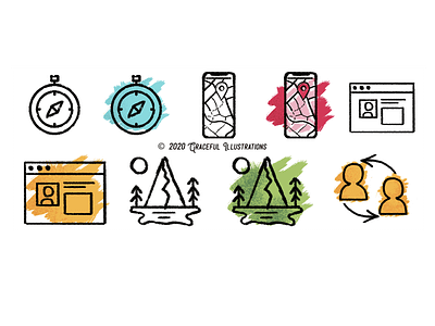 The Dryftwell Project - 2020 - Web icons cities clock compass communicate cool design dryftwell fun hand drawn icons illustration men people states texture travel women young