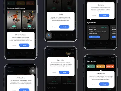 Tutorial Screens - Health & Fitness App app app interface app screen applify cardio workout app design fitness fitness app graphic design health app health fitness app in app challenges mobile app design mockups ui ui design user interface workout workout app workout videos