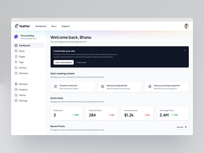 Feather — Dashboard blog dashboard navigation publishing quick stats side navigation statistics table ui ui design ux ux design web design website writing