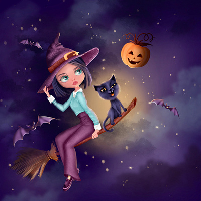 Witch cat halloween illustration witch