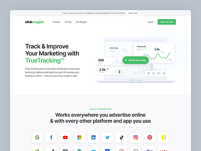 ClickMagick - Tracking Web App Landing Page app chart data graph hero section landing page light ui marketing rebranding redesign saas saas marketing tool sales saas startup tracking ui ui illustration ux web app web design