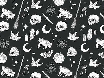 Witchy Repeat Pattern crystal design drawing frog halloween illustration pattern pumpkin repeat pattern surface pattern witch witchy