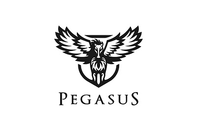 Shield Pegasus Logo animal black branding company design exclusive front guard guardian horse illustration logo myth pegasus secure shield silhouette stand vector wing