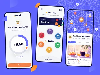 🌟Topii’s Digital Experience bank business cashback finance map menu money motion payment topii transfer