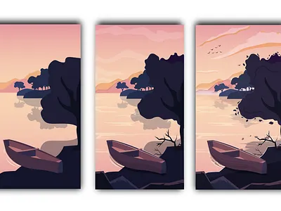 Vector landscapes with different detail design detail different different degree of detail illustration lake landscape poster set shore style vector