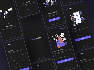 WorkNgine - Mobile App app application dark mode darkmode design illustration mobile template ui ux
