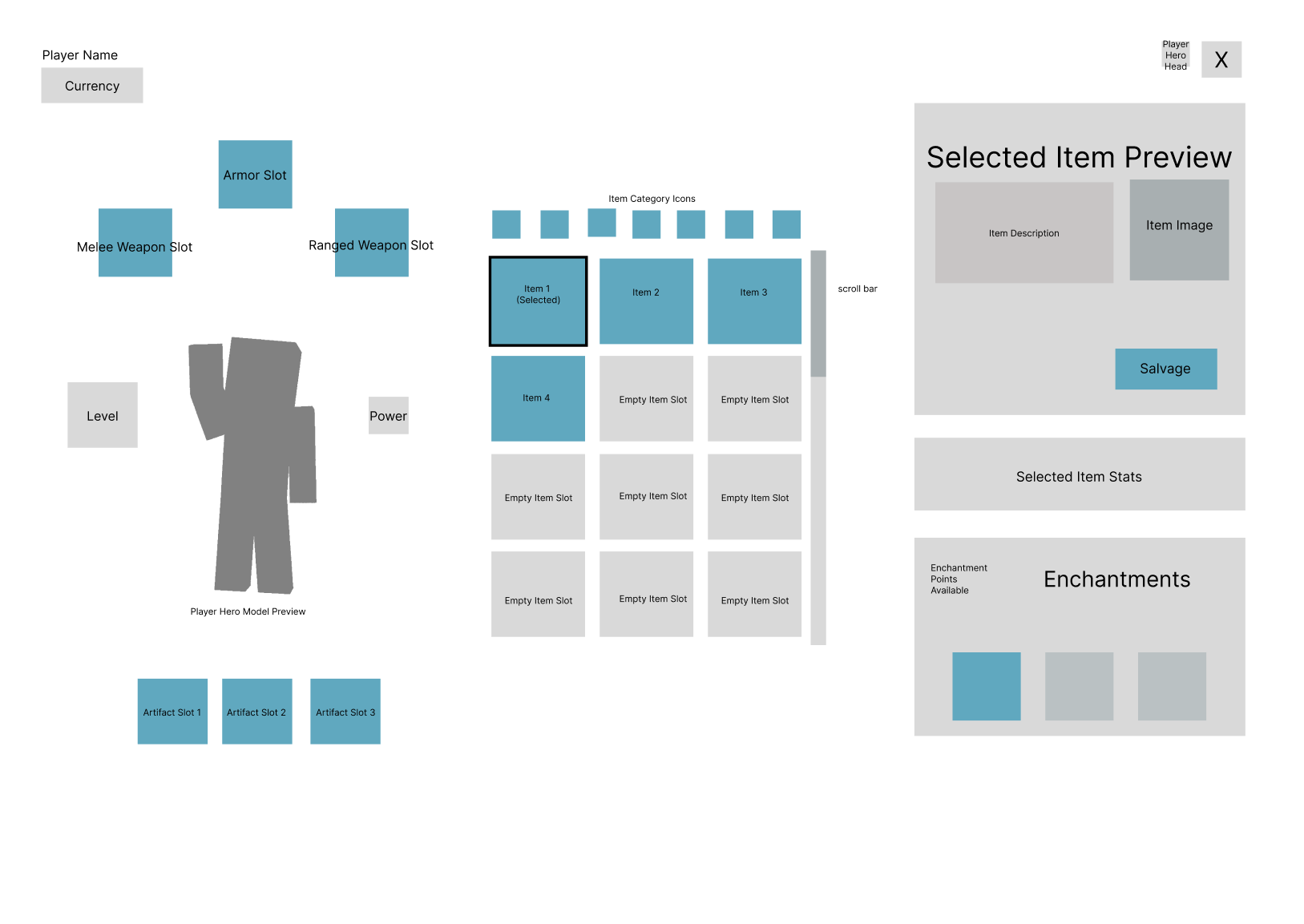 Low fidelity wireframe of the inventory screen.
