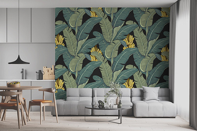 Banana Leaf Wallpaper with Black Background background banana banana leaf canvas illustration wall decor wall mural wallpaper