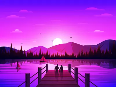 Evening artwork couple digital art fantasy hill home page illustration illustration landscape landscape illustration mountains nature illustration romance travel tree website header