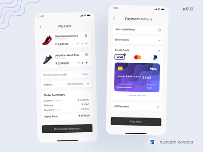 Daily UI 002 - Credit Card Checkout 002 credit card app credit card checkout dailyui design design inspiration minimal ui mobile ui mobile ui design my cart app ui my cart ui payment app ui purchase app rushabh koradia rushabh ui ui ui design ui inspiration ui trends ux.rushabh