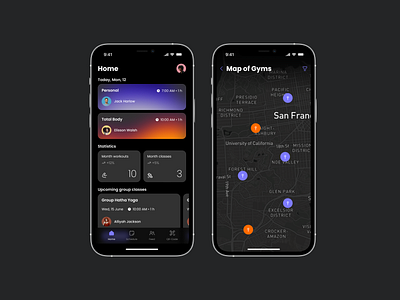 Gym Fitness App app app design application black cards design fitness gradient gym home homepage main map mobile ui nike schedule sport ui uiux