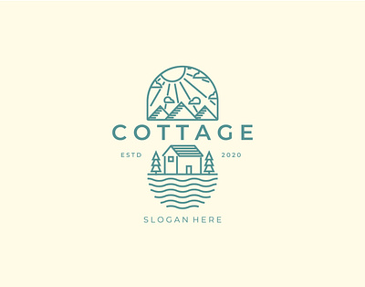 Line art cottage logo vector illustration design brand identity branding cabin cottage design graphic design illustration line art logo logotype modern mountain nature river travel typography vector