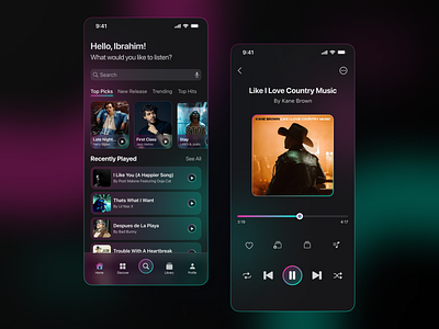 Music player mobile app UI design app user interface apps design audio player creative figma design ibrahim mahbub mobile app design mobile design mobile music player mobile player music player music player design music player ui neon theme neon ui ui uiux user experiance user interface ux