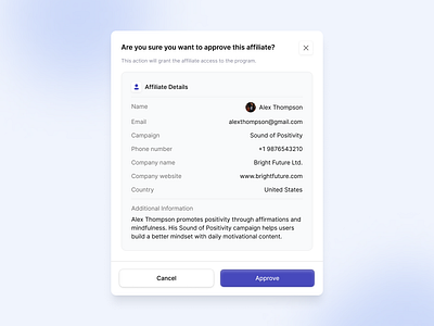 Manova - Affiliate Approval Confirmation admin affiliate affiliates approval clean confirmation dashboard design detail minimalist modal pop up popular popup trend ui ux web web app website
