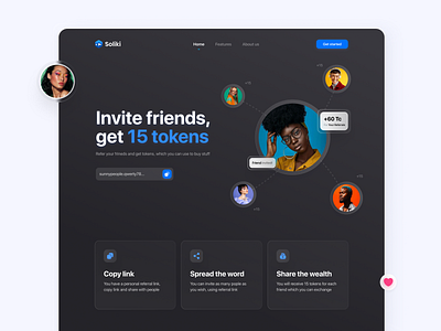 Invite friends website page affiliate blue cards design dark theme dark ui design friends glassmorphism invite invite friends people photos refer referral ui ui inspiration web webdesign website page