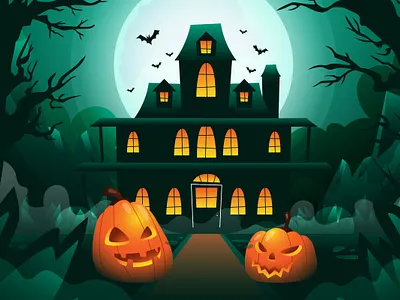 Welcome to The House cartoon event flat graphic design halloween illustration landing page pumpkin scary ui website