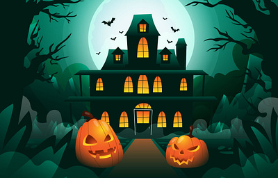 Welcome to The House cartoon event flat graphic design halloween illustration landing page pumpkin scary ui website