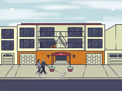 Mina, her father, and Honey dog walking illustration neighbourhood san francisco