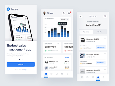 Sales Management Mobile App - Salmage analytics application chart clean crm design ecommerce home management marketing minimalist mobile app onboarding product report sales statistics system ui ux