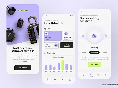 Exergize - Fitness App 3d application coach coaching dashboard diet exercise fit fitness health minimal mobile mobile app neon nutrition pastel training ui wellness workout