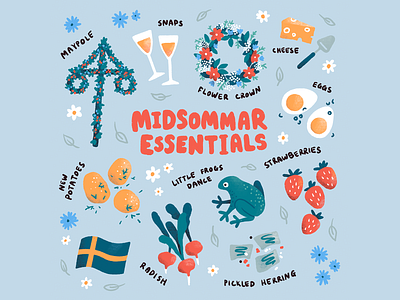 Swedish Midsommar Essentials celebration digital art digital illustration feast flower crown food food illustration holiday illustration maypole midsommar midsummer procreate procreate art sweden wreath