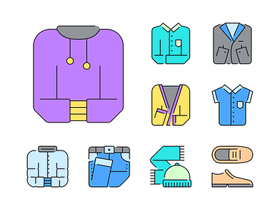 Clothes icons clothes coat colorful icons flat icons formal hoodie icon collection icon design icon library icon pack iconography icons illustration jacket jeans line icons scarf shift shoes trousers