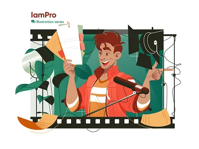 Actor reads script - illustration act actor character flat illustration kit8 light man microphone movie plant script studio vector