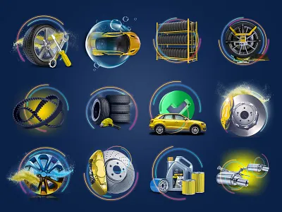 Autoservice icon set 3d auto auto parts autoservice blue brakes car icon icons light paint rims service set site tires web wheels yellow