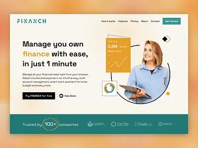 Financh Web Hero Design app banking budget design expense figma finance income landing marketing mobile money photoshop template theme ui ux wallet web website