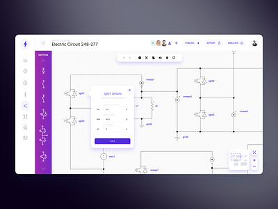 Circuit diagram software app appl canvas circuit connect connections connectors data diagram edit electric electricity flow navigator panel schematic scheme sidebar transistors ui