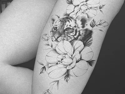 Floral and baby tiger tattoo design design floral graphic design illustration tattoldesign tattoo tattoodesign