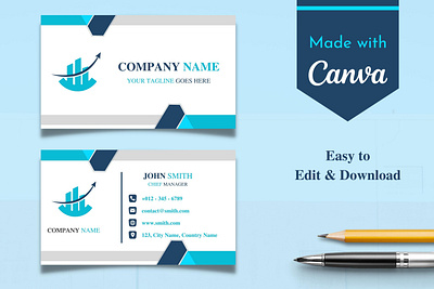 Blue & White Business Card Template | Canva Template abstract attractive bue business card canva company corporate design illustration logo minimal modern template visiting card