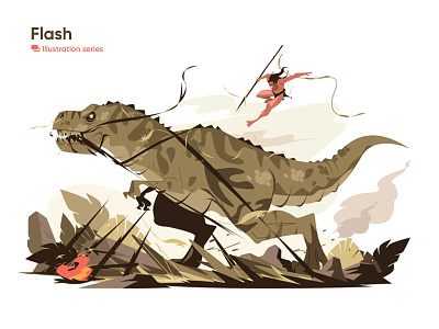 Warrior fighting with dinosaur illustration character dinosaur enchant fight flat hunt illustration kit8 man spear vector warrior