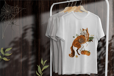 Halloween Fox Print on a T-shirt animal art clothes designs fine art collection fox art fox print graphic design halloween halloween art halloween collection halloween designs halloween fox halloween illustration prints scary fox illustration skeleton fox t shirt design